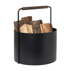 Online Blomus - ASHI brændekurv - Sort med brun egehåndtag - H: 45 x Ø: 35 cm