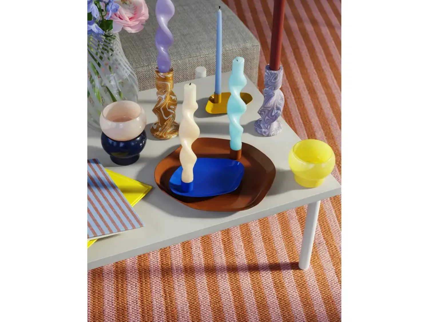 Hot Broste Copenhagen - Fyrfadsstage "Agathe" - Yellow/Blush/Blue - Sæt af 3