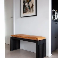 Cinas - Siddepude til 3-personers Rib bænk lysebrun læder, 104 x 35 cm